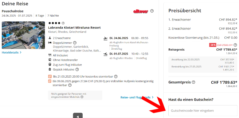 Den ab in den urlaub Gutschein im Buchungsverlauf einlösen