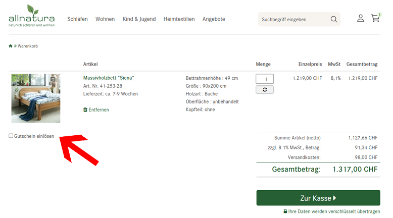 allnatura Gutschein im Warenkorb nutzen