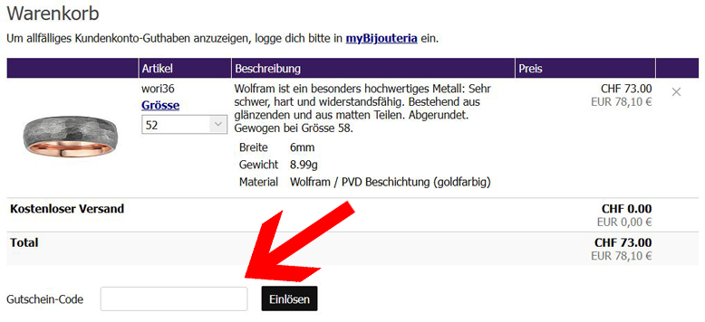 Bijouteria Gutschein im Warenkorb einlösen
