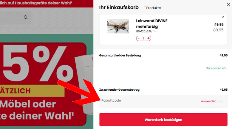 Conforama Aktion im Warenkorb aktivieren