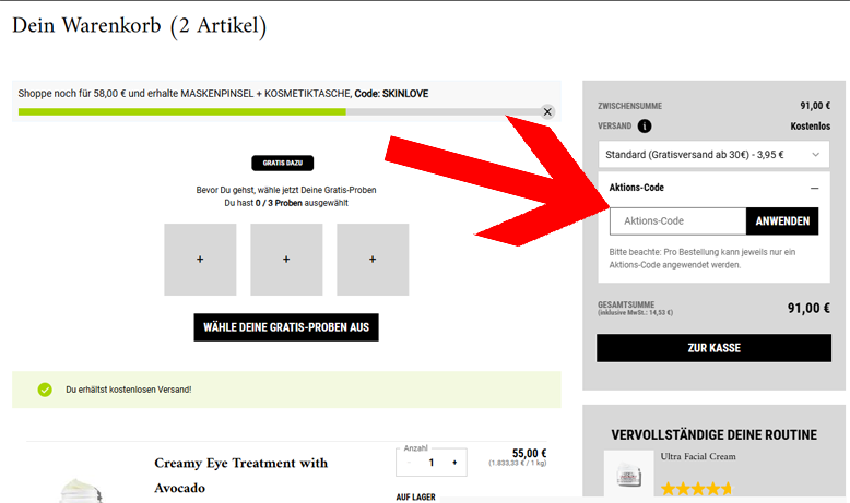 Den Kiehl's Gutschein im Warenkorb einlösen