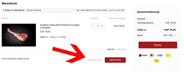 Den meat4you Gutschein im Warenkorb einlösen