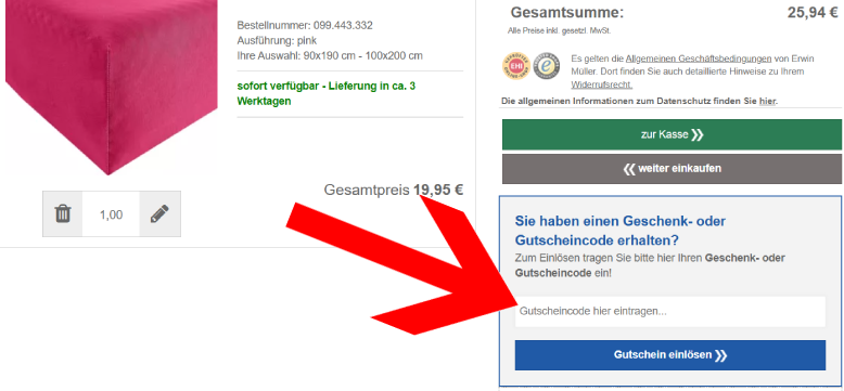Erwin Müller Gutschein im Warenkorb einlösen
