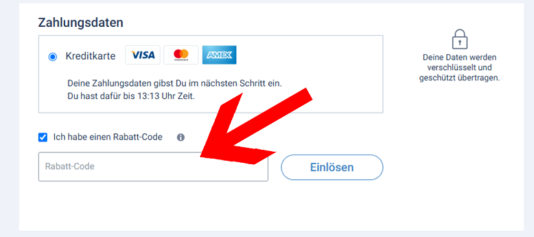 Gib den MietwagenCheck Rabattcode im Laufe der Bestellung ein