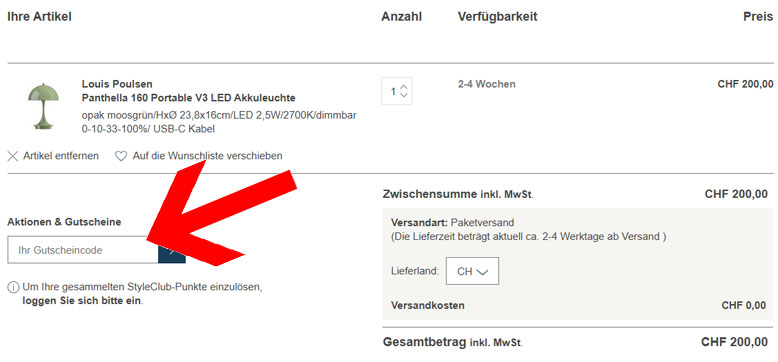 Ambiente Direct Gutschein im Warenkorb einlösen