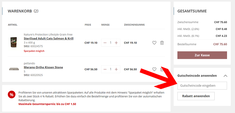 iPet Gutscheincode im Warenkorb eingeben