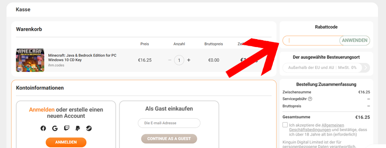 Den Kinguin Coupon im Warenkorb nutzen