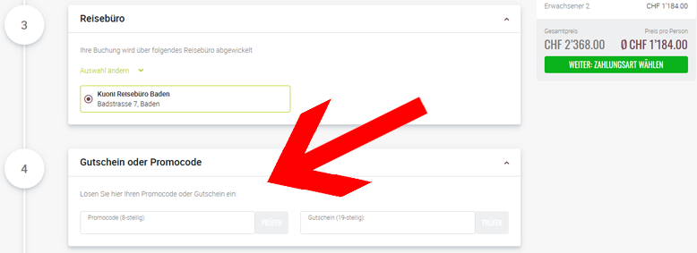 Kuoni Gutschein im Checkout eingeben