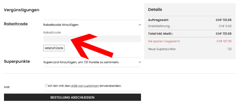 LUMIMART Gutschein im Bestellvorgang anwenden