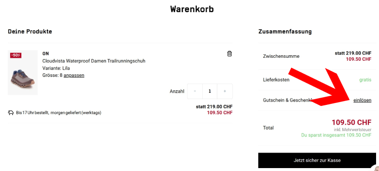 Ochsner Sport Gutschein im Warenkorb einlösen