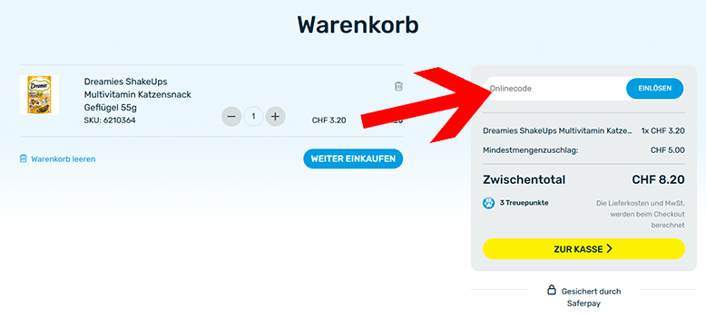 Den Qualipet Gutschein im Warenkorb eingeben