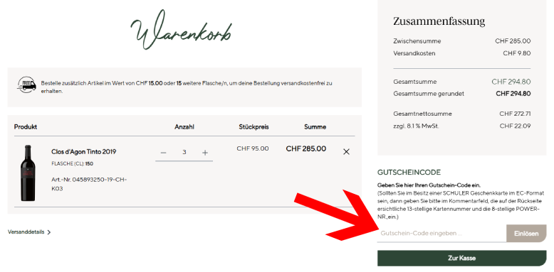 Schuler Weine Aktion im Warenkorb aktivieren
