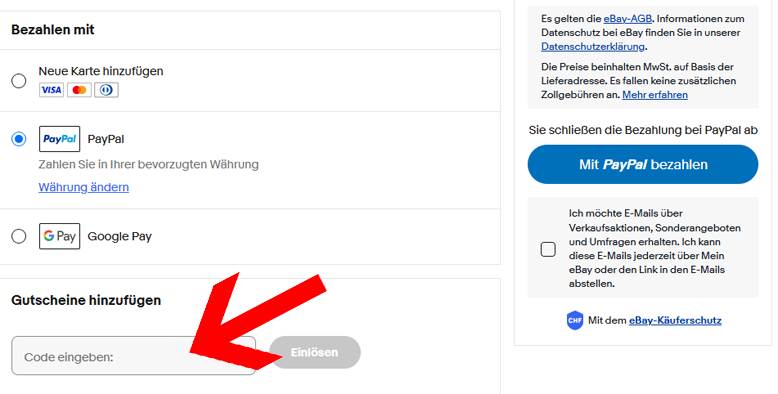 eBay Gutschein im Bestellverlauf einlösen