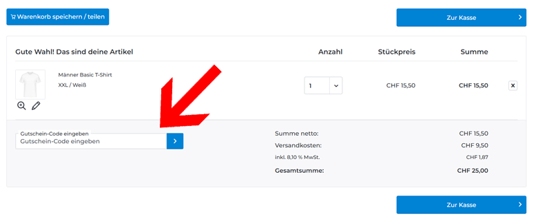Shirtinator Gutschein im Warenkorb nutzen