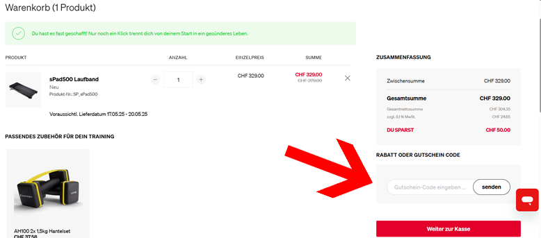 Den SPORTSTECH Gutscheincode im Warenkorb einfügen