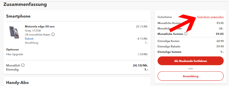 Den Sunrise Gutschein im Bestellprozess eingeben