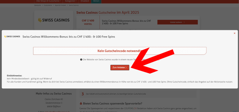 Swiss Casinos Gutschein mit einem Klick auf den Coupon aktivieren