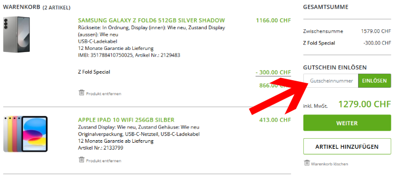 Den verkaufen.ch Gutschein im Warenkorb einlösen