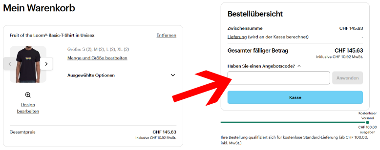 Löse den Vistaprint Gutschein im Warenkorb ein